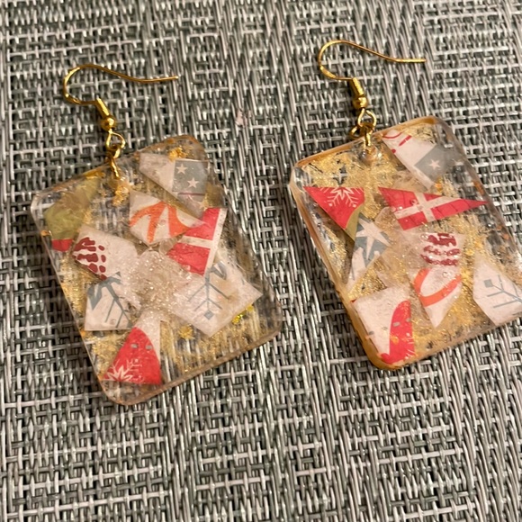 Handmade Festive Medium Holiday Earrings Gold Rectangle - Picture 3 of 9